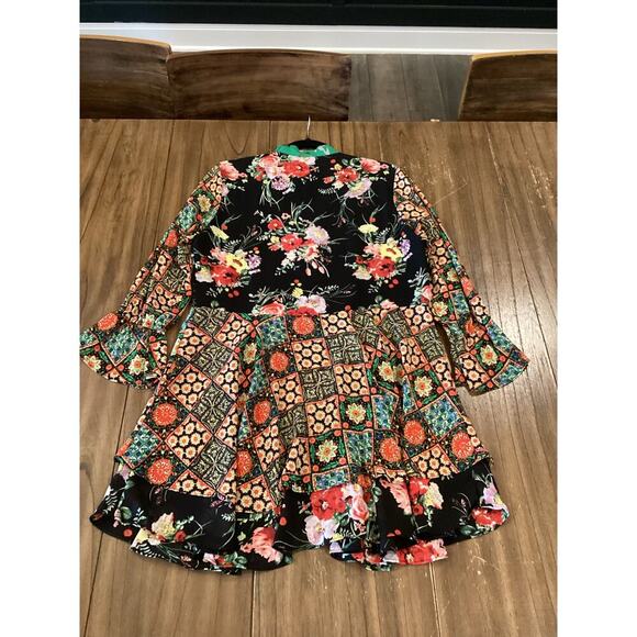 BUFFALO David Bitton tamed Floral Dress Flutter Long Sleeve Neck Tie Mini Dress - Picture 10 of 11